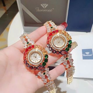QUÀ VALENTINE ĐỒNG HỒ NỮ CHÍNH HÃNG FUNMEI F2073 DÂY VÀNG VIÊN CHỦ AMETHYST FULLBOX TEM
