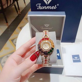 QUÀ VALENTINE ĐỒNG HỒ NỮ CHÍNH HÃNG FUNMEI F2073 DÂY VÀNG VIÊN CHỦ AMETHYST FULLBOX TEM