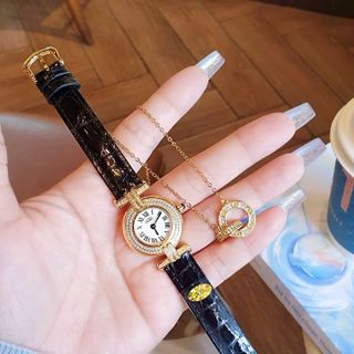 SET QUÀ VALENTINE ĐỒNG HỒ NỮ SIÊU CẤP CATIOR DÂY DA MẶT MINI VIỀN ĐÁ VÀNG TẶNG KÈM DÂY CHUYỀN