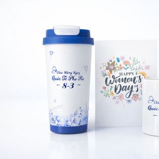 Combo quà tặng bình giữ nhiệt và ly sứ in họa tiết cao cấp