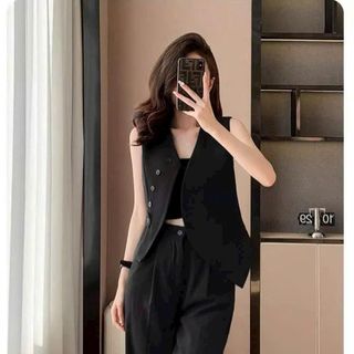 Set công sở áo sát nách cúc chéo, quần âu dáng suông, chất liệu cotton lạnh mềm mại, thiết kế cao cấp, bộ công sở- HN77