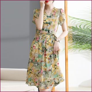 Đầm lụa hoa sang trọng cho mẹ bigsize thiết kế dáng xòe đẹp cao cấp dự tiệc P07