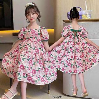 Váy hoa bé gái mùa hè 100% lụa mango cao cấp, mềm mại, Đầm kiểu bé gái tay ngắn dáng xòe - VAY1