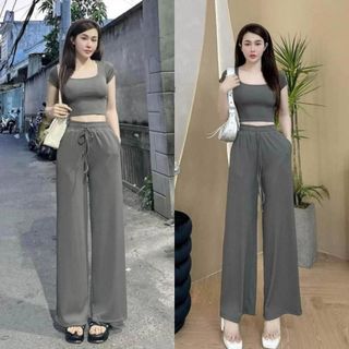 SET BỘ ĐI CHƠI, set bộ quần suông áo CROPTOP thun tăm trơn, cổ vuông, nhiều màu đa dạng - H1