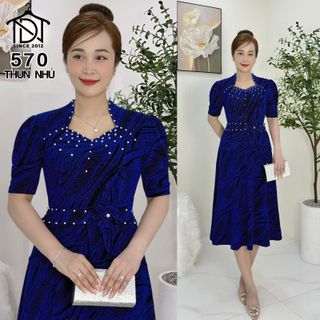 Đầm midi trung niên dự tiệc sang trọng vải kim tuyến nhũ kim sa tặng mẹ co giãn tốt bigsize 75kg M570