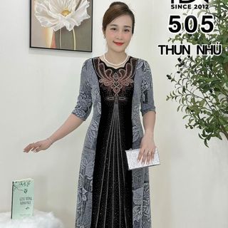 Đầm trung niên dự tiệc sang trọng vải nhũ kim sa tặng mẹ co giãn tốt bigsize 80kg M505 Nữ Voan Women