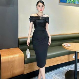 ĐẦM DỰ TIỆC TRUNG NIÊN THIẾT KẾ ÔM BODY TRỄ VẢI, CHẤT LIỆU POLY CO GIÃN PHỐI VOAN B01