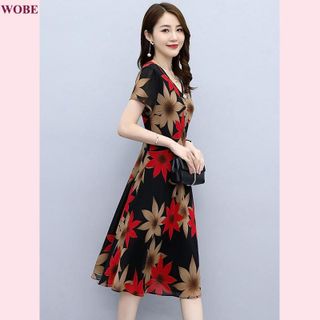 Đầm trung niên sang trọng cho mẹ bigsize thiết kế dáng xòe đẹp in hoa cao cấp dự tiệc HN18