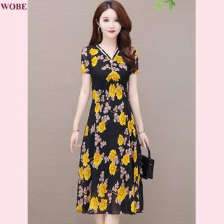 Đầm trung niên sang trọng cho mẹ bigsize thiết kế dáng xòe đẹp in hoa cao cấp dự tiệc HN17