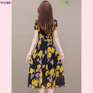 Đầm trung niên sang trọng cho mẹ bigsize thiết kế dáng xòe đẹp in hoa cao cấp dự tiệc HN17