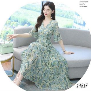 Váy trung niên cho mẹ sang trọng bigsize cao cấp dự tiệc thiết kế dáng xòe lụa hoa HN24 Voan Nữ