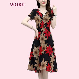 Đầm trung niên sang trọng cho mẹ bigsize thiết kế dáng xòe đẹp in hoa cao cấp dự tiệc HN18