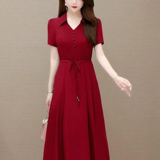 Váy trung niên cho mẹ bigsize cao cấp sang trọng dự tiệc thiết kế dáng suông phong cách Hàn Quốc HN03 ĐỎ