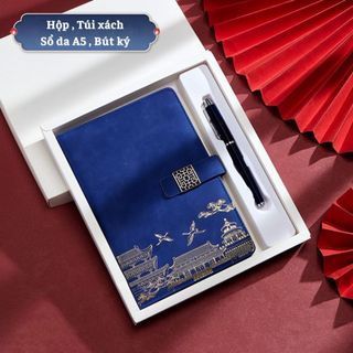 Bộ quà tặng Sổ Tay và Bút ký họa tiết Á Đông sang trọng - Hộp quà có túi đựng