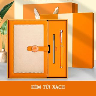 Bộ quà tặng sổ tay bìa da hai lớp KA86, bút ký, hộp quà 23x23 cm