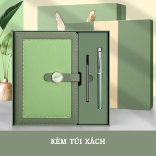 Bộ quà tặng sổ tay bìa da hai lớp KA86, bút ký, hộp quà 23x23 cm
