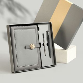 Bộ quà tặng sổ tay bìa da hai lớp KA86, bút ký, hộp quà 23x23 cm