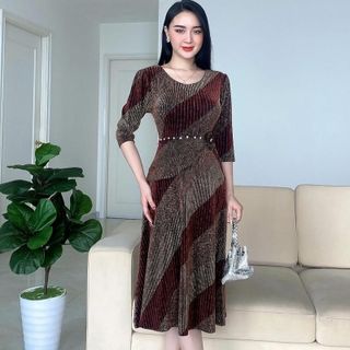 Đầm dạ hội trung niên dự tiệc sang trọng vải nhũ kim sa tặng mẹ co giãn bigsize FREESIZE TỪ 50kg đến 80kg DN20 Nữ Dress