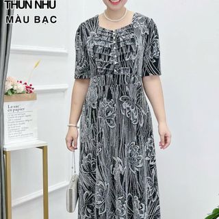 Đầm dạ hội trung niên dự tiệc sang trọng vải kim tuyến nhũ kim sa tặng mẹ co giãn bigsize 80kg DN19 Nữ Dress