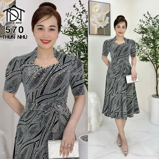 Đầm midi trung niên dự tiệc sang trọng vải kim tuyến nhũ kim sa tặng mẹ co giãn tốt bigsize 75kg M570