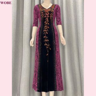 Đầm dạ hội trung niên dự tiệc sang trọng vải kim tuyến nhũ kim sa phối Nhung - đính đá tinh tế, tặng mẹ co giãn bigsize 80kg DN17 Nữ Dress