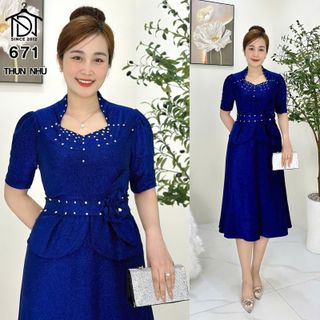 Đầm trung niên dự tiệc sang trọng vải kim tuyến nhũ kim sa đính đá tặng mẹ co giãn tốt bigsize 80kg M671
