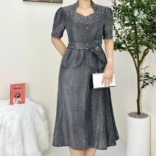 Đầm trung niên dự tiệc sang trọng vải kim tuyến nhũ kim sa đính đá tặng mẹ co giãn tốt bigsize 80kg M671