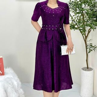 Đầm trung niên dự tiệc sang trọng vải kim tuyến nhũ kim sa đính đá tặng mẹ co giãn tốt bigsize 80kg M671