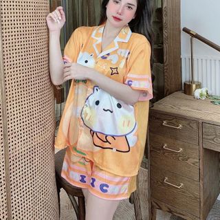 Đồ bộ mặc nhà pijama nữ chất liệu lụa xước cao cấp, mềm mại, FREESIZE 50-80KG
