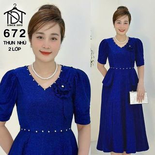 Đầm trung niên dự tiệc sang trọng vải kim tuyến nhũ kim sa đính đá tặng mẹ co giãn tốt bigsize 80kg M672