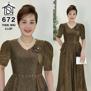 Đầm trung niên dự tiệc sang trọng vải kim tuyến nhũ kim sa đính đá tặng mẹ co giãn tốt bigsize 80kg M672