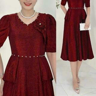 Đầm trung niên dự tiệc sang trọng vải kim tuyến nhũ kim sa đính đá tặng mẹ co giãn tốt bigsize 80kg M672