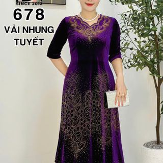 Đầm trung niên dự tiệc sang trọng vải nhung cao cấp đính đá, tặng mẹ co giãn tốt bigsize M678