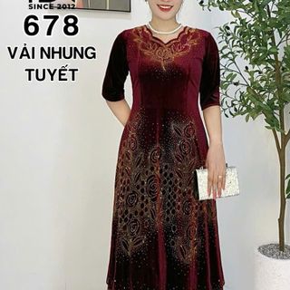 Đầm trung niên dự tiệc sang trọng vải nhung cao cấp đính đá, tặng mẹ co giãn tốt bigsize M678