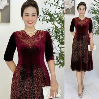 Đầm trung niên dự tiệc sang trọng vải nhung cao cấp đính đá, tặng mẹ co giãn tốt bigsize M678