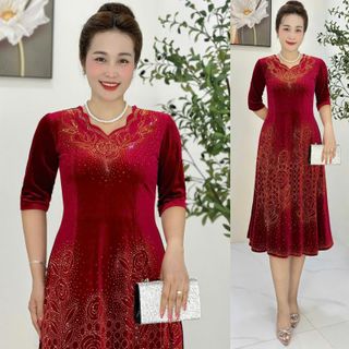 Đầm trung niên dự tiệc sang trọng vải nhung cao cấp đính đá, tặng mẹ co giãn tốt bigsize M678