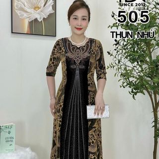 Đầm trung niên dự tiệc sang trọng vải nhũ kim sa tặng mẹ co giãn tốt bigsize 80kg M505 Nữ Voan Women