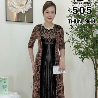 Đầm trung niên dự tiệc sang trọng vải nhũ kim sa tặng mẹ co giãn tốt bigsize 80kg M505 Nữ Voan Women