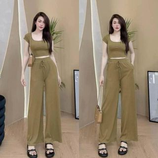 SET BỘ ĐI CHƠI, set bộ quần suông áo CROPTOP thun tăm trơn, cổ vuông, nhiều màu đa dạng - H1