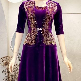 Đầm dạ hội trung niên chất Nhung co giãn cực tốt, đính đá cao cấp cho mẹ dự tiệc sang trọng bigsize DN24 Voan Nữ