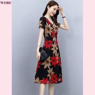 Đầm trung niên sang trọng cho mẹ bigsize thiết kế dáng xòe đẹp in hoa cao cấp dự tiệc HN18