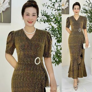 Đầm maxi trung niên ôm body, đuôi cá, dự tiệc sang trọng vải thun nhũ cao cấp đính đá, tặng mẹ co giãn tốt bigsize M679