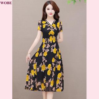 Đầm trung niên sang trọng cho mẹ bigsize thiết kế dáng xòe đẹp in hoa cao cấp dự tiệc HN17