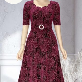 Đầm trung niên dự tiệc sang trọng vải kim tuyến nhũ kim sa tặng mẹ co giãn tốt bigsize 80kg DN01 Nữ Dress
