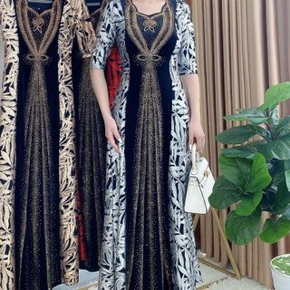 Đầm dạ hội trung niên chất nhũ kim sa phối nhung có lớp lót, đính đá cao câp, co giãn cực tốt cho mẹ dự tiệc sang trọng bigsize cao cấp DN26 Thun Nữ Women Dress