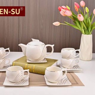 Bộ Ấm Chén Hàn Quốc Sứ Đĩa Kê Vuông (THÙNG 12B)