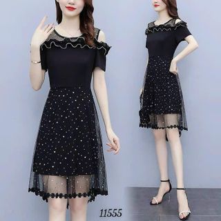 Đầm dự tiệc thiết kế dáng xoè dự tiệc chất liệu umi co giãn phối voan, mềm mại, sang trong,thanh lịch N44