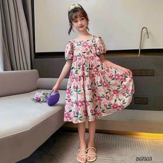 Váy hoa bé gái mùa hè 100% lụa mango cao cấp, mềm mại, Đầm kiểu bé gái tay ngắn dáng xòe - VAY1