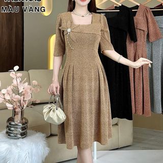 Đầm dạ hội trung niên chất nhũ ánh kim co giãn cực tốt, dáng chữ A, bigsize 75Kg - M550