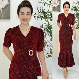 Đầm maxi trung niên ôm body, đuôi cá, dự tiệc sang trọng vải thun nhũ cao cấp đính đá, tặng mẹ co giãn tốt bigsize M679